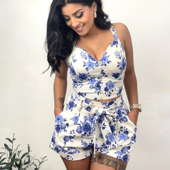 Haute Monde | Floral Co-Ord Set Blue & White | Size L/S - Picture 1 of 8